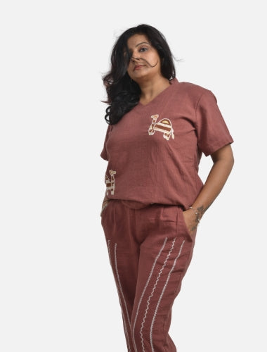 Cocoa Coordinated Comfort: Brown V-Neck Coord Set